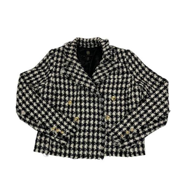 House of Harlow 1960 Revolve Plaid Tweed Fringe Double Breasted Blazer Size M - Picture 1 of 9